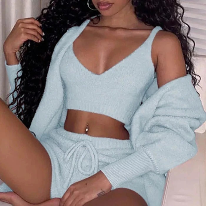 Cozy 3-Piece Velvet Pajama Set for Women - Crop Top, Tank & Shorts Sleepwear