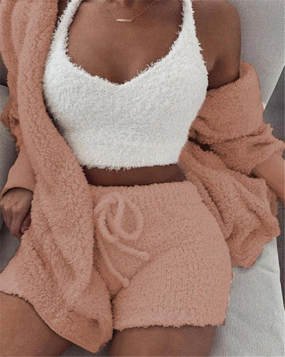 Cozy 3-Piece Velvet Pajama Set for Women - Crop Top, Tank & Shorts Sleepwear