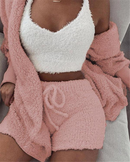 Cozy 3-Piece Velvet Pajama Set for Women - Crop Top, Tank & Shorts Sleepwear