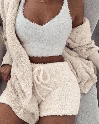 Cozy 3-Piece Velvet Pajama Set for Women - Crop Top, Tank & Shorts Sleepwear