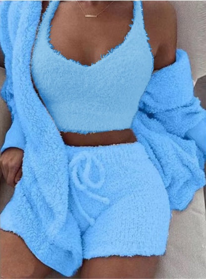 Cozy 3-Piece Velvet Pajama Set for Women - Crop Top, Tank & Shorts Sleepwear