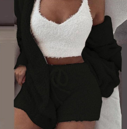 Cozy 3-Piece Velvet Pajama Set for Women - Crop Top, Tank & Shorts Sleepwear