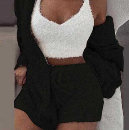 Cozy 3-Piece Velvet Pajama Set for Women - Crop Top, Tank & Shorts Sleepwear