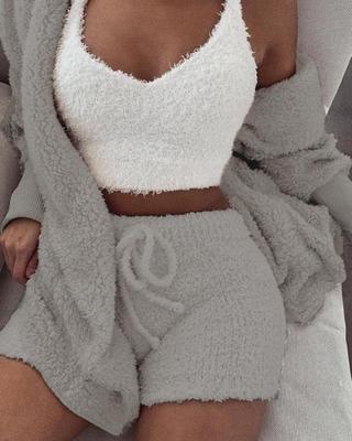 Cozy 3-Piece Velvet Pajama Set for Women - Crop Top, Tank & Shorts Sleepwear